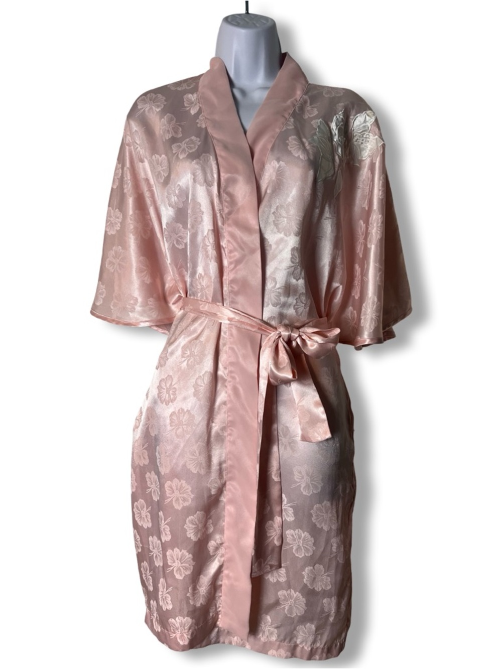 VTG Victoria’s Secret Gold Label Pink Jacquard‎ Satin Kimono Robe Appliqué - OS
